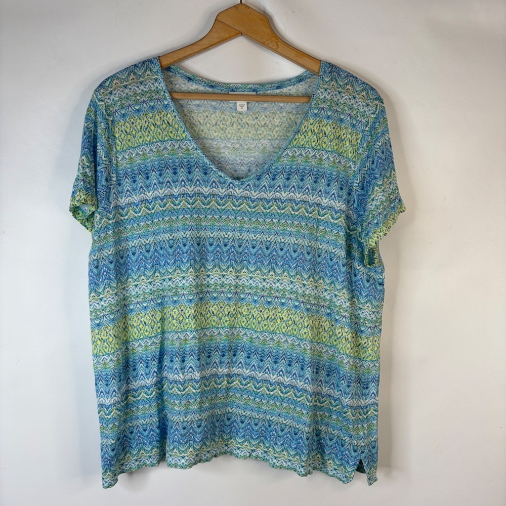 J. Jill Love Linen Top Women XL Blue Green Chevron Ikat V-Neck Short Sleeve